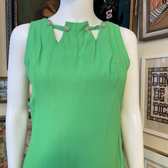 60s Vintage Mod Neon Green Crepe Sleeveless A-Line Mini Dress with Rhinestones S - Picture 2 of 10